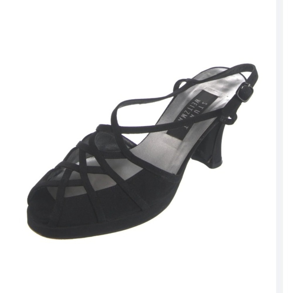 Stuart Weitzman Black Suede Strappy Peep Toe Heels Sandals Shoes Women's‎  8B